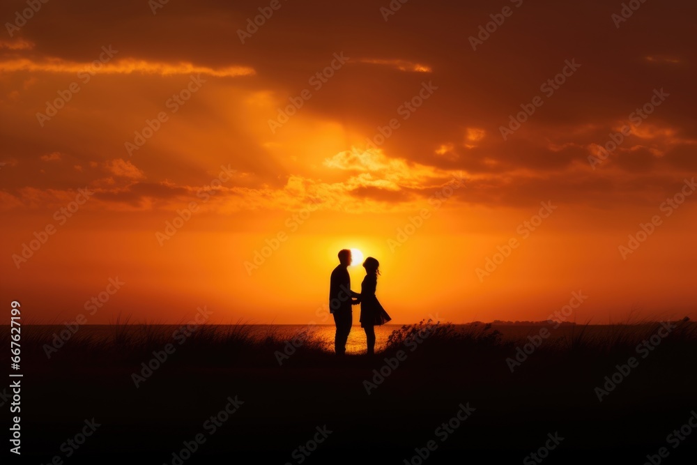 A couple's silhouettes embracing against a backdrop of a beautiful sunset, symbolizing love and togetherness. The warm colors of the sky add a romantic touch.