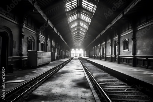 Black and white panorama of empty train station platform. Railway station. Railway station