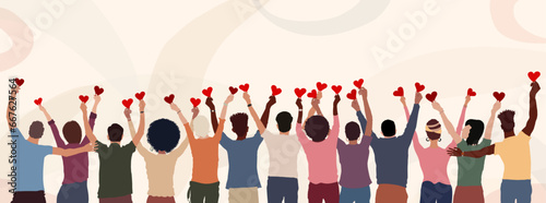 Group of diverse people seen from behind with hands raised holding a heart. Charitable donation and volunteer work. Community.NGO.Aid.Non profit.Support and assistance. People diversity