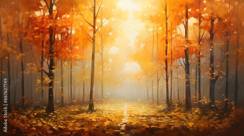 Autumn forest with sun rays and fog, panoramic view