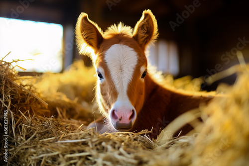 A newborn red and white foal lies in a haystack. photo