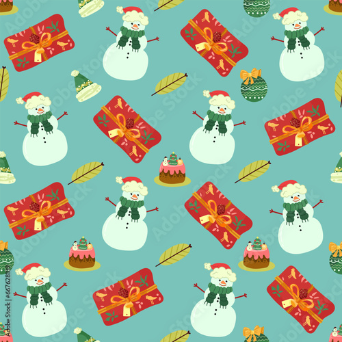 Christmas and Happy New Year seamless pattern with Christmas toys, gifts and sweets. Trendy retro style. Vector design template.