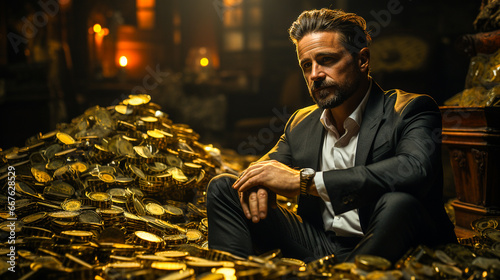 Homme d'affaires assis sur un tas d'or et réfléchissant à l'avenir photo