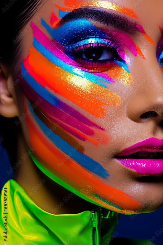 Fototapeta premium Woman's face is painted with multicolored face paint