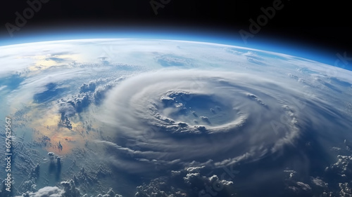 cyclone funnel of a hurricane on the surface of the planet view from space, weather forecast. © kichigin19