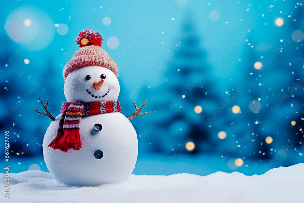A snowman in winter. Elegant New Year's Eve celebration postcard.