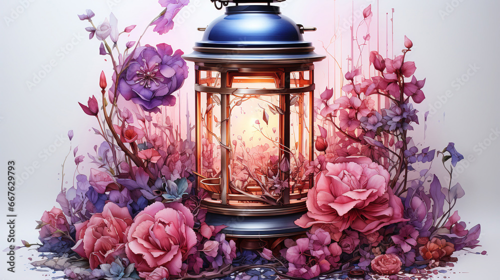 Islamic Lantern Watercolor Oil Painting Pink Floral Background
