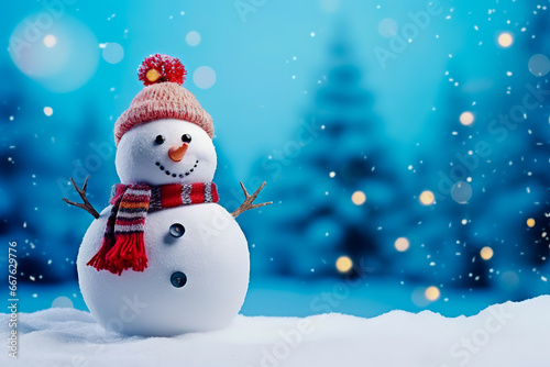 A snowman in winter. Elegant New Year's Eve celebration postcard. © leo_nik