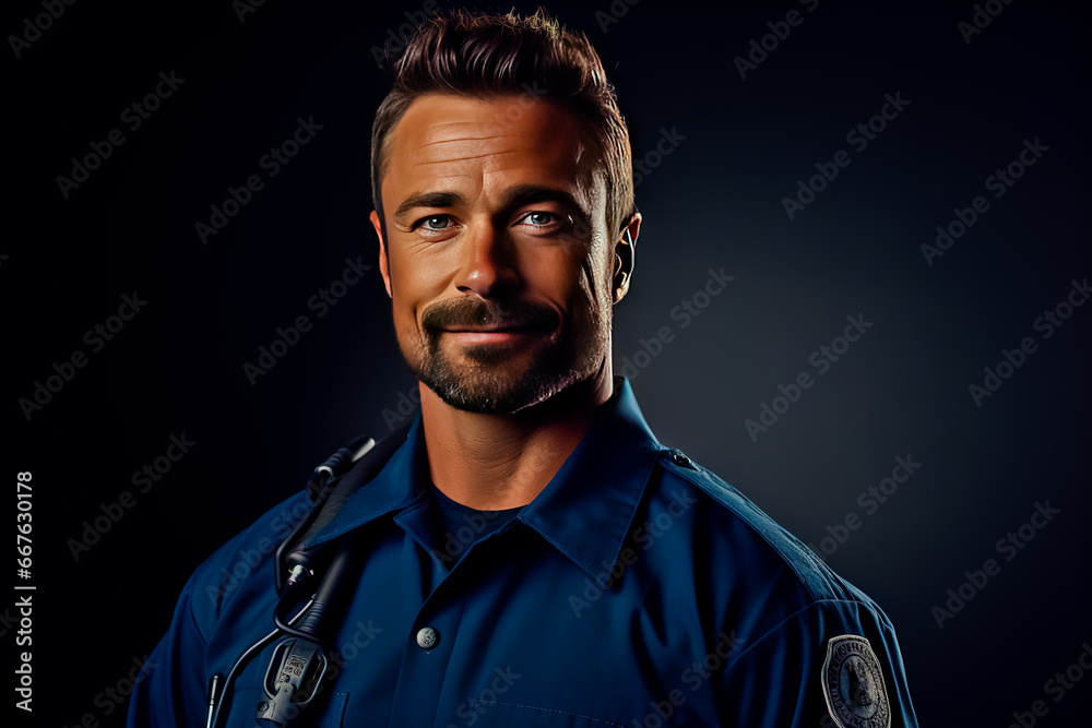 Portrait of male paramedic on dark blue background. Portrait of male paramedic on dark blue background.