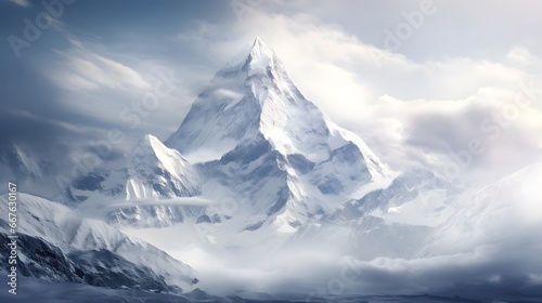 Beautiful panoramic view of the snowy mountain peaks in the clouds