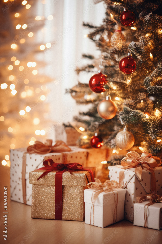 Christmas tree with gifts on the backgrounof a luminous garland. Christmas tree with gifts on the backgrounof a luminous garland.