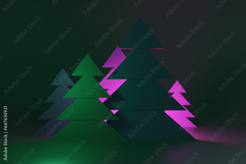 Abstract paper Christmas forest of fir trees in neon light at night. 3d render illustration