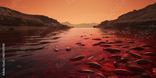 The majestic Nile River turning unsettlingly deep red, lifeless fish floating on its surface