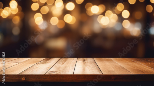 Wooden Table Elegance, Golden Bokeh in Restaurant Space photo