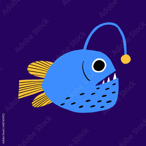 Angler fish flat hand drawn illustration. Ugly monster anglerfish with a lantern and big teeth in the blue underwater. Cute monster marine character in the ocean. Cartoon vector graphic design.