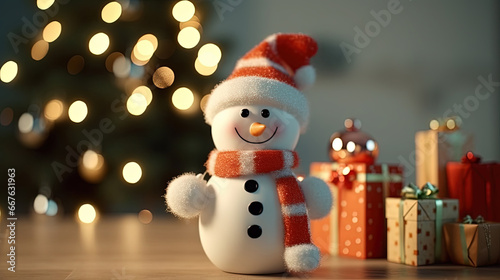 Cute Snowman in His Red Outfit For Merry Christmas Greeting Background Focus on Foreground © Image Lounge