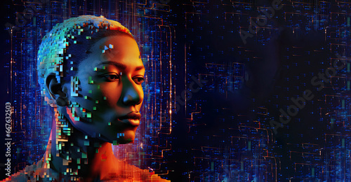 Futuristic portrait of an African American woman. Digital Aboriginal concept