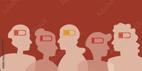 The energy concept is a group of silhouettes of people, without energy. discharged, mental health, stress, anxiety, a lot of work