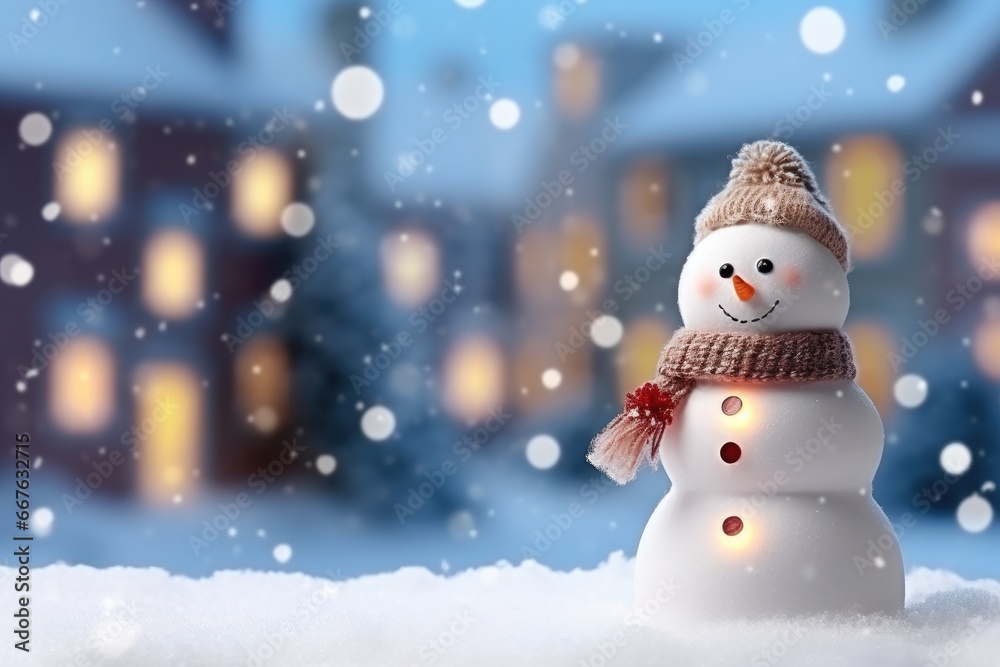 A snowman on a blurred background, a house with light windows