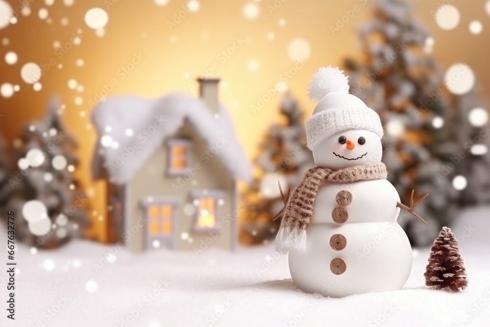 Obraz premium A snowman on a blurred background, a house with light windows