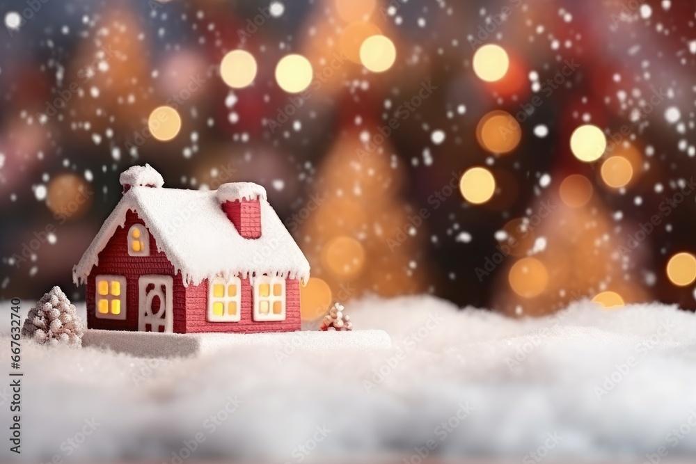 winter house with light windows, a snowstorm winter house with light windows, a snowstorm