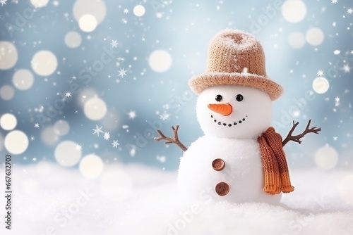 A snowman on a blurred background, a house with light windows © FryArt Studio