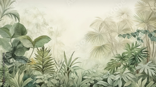 Fototapeta Retro, dżungla, liście, las tropikalny; vintage; wygenerowane sztuczną inteligencją