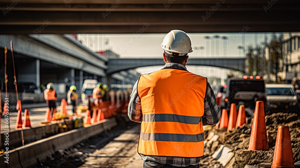Experienced civil engineer inspecting road construction on an expressway under development - obrazy, fototapety, plakaty 