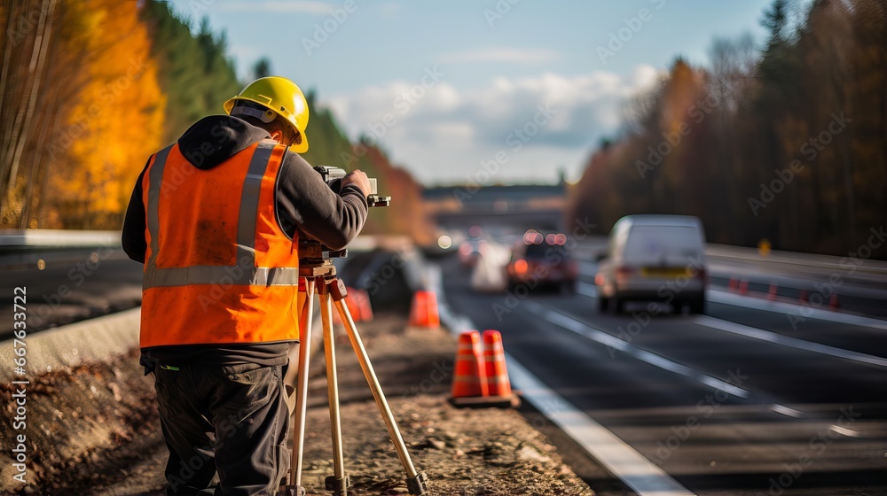 Civil engineer inspecting road construction work and supervising expressway project - obrazy, fototapety, plakaty 