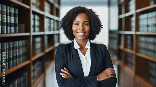 Successful african american graduate juridical specialist standing against bookshelf. 