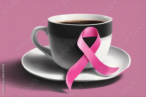 Breast cancer awareness month in October. Breast cancer pink ribbon on black coffee cup.