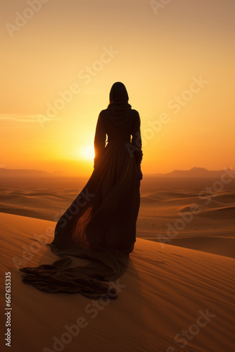 Sunset Over Sand Dunes with Woman Silhouette