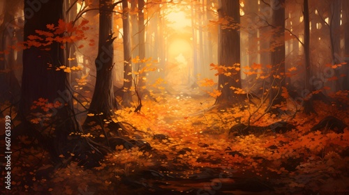 Autumn forest with fog and sun rays, panoramic view © Michelle