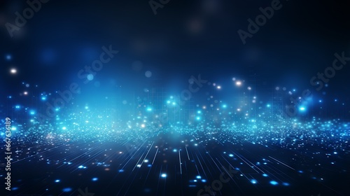 Abstract background of dark blue and glowing particles in motion