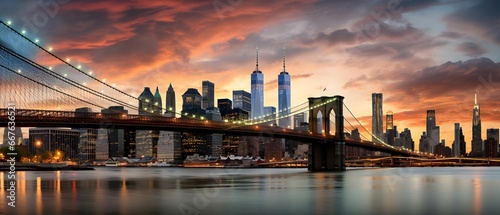 Panoramic view of Brooklyn Bridge at sunset, New York City