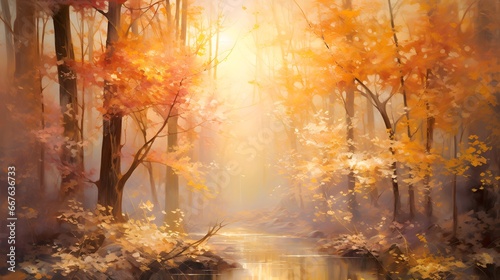 Autumn forest and river, panoramic view. Autumn landscape