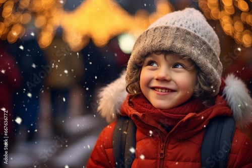 portrait of a cute white dreamy child kid looking happy and content on winter holidays at the christmas market, fairy lights, snow and bokeh in the background