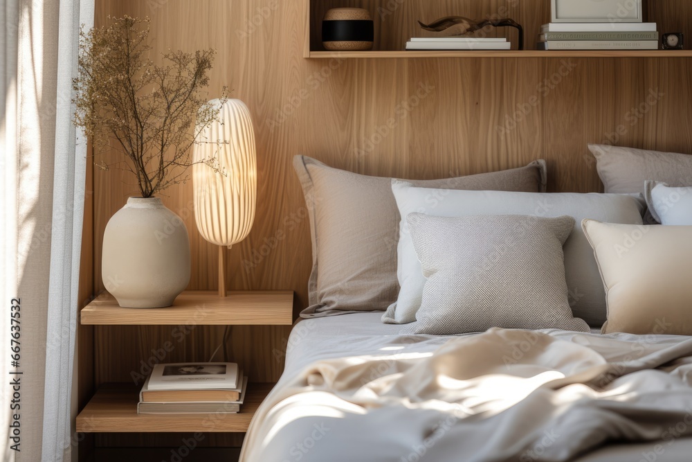 Close up details of bed and side table in trendy japandi style Close up details of bed and side table in trendy japandi style