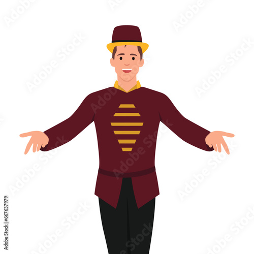 Smiling illusionist or showman. Happy excited man retro circus entertainer announces start of show. Flat vector illustration isolated on white background