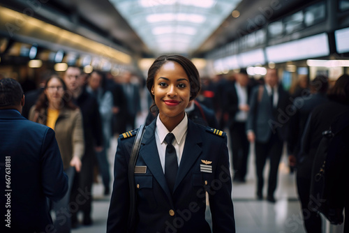 portrait of a black woman pilot at an airport in her uniform