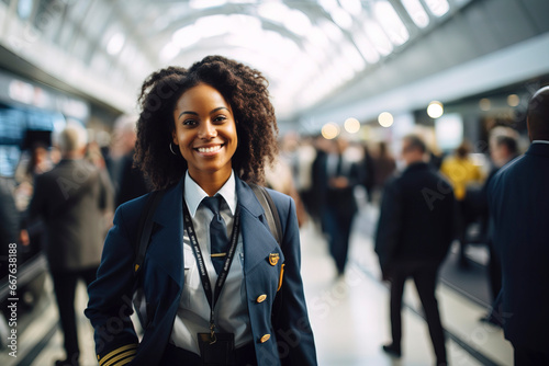 black young female pilot looking at the camera and smiling at an airport
