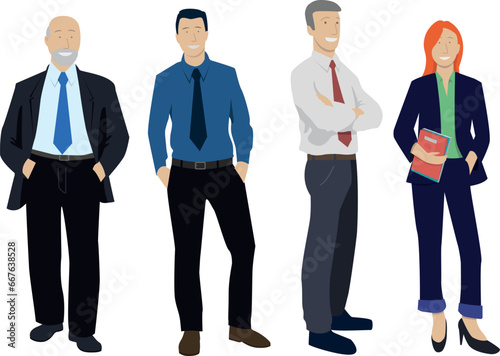 Illustration vectorielle représentant des hommes et des femmes d'affaires, des employés de bureau. Une équipe souriante au travail	