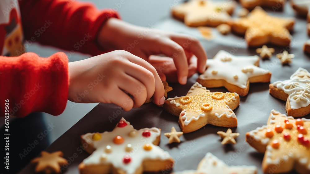 Merry Christmas and Happy Holidays - Children's hands making decorating sugar frosting Christmas cookies on wooden table, Festive homemade decorated sweets, generative ai Merry Christmas and Happy Holidays - Children's hands making decorating sugar frosting Christmas cookies on wooden table, Festive homemade decorated sweets, generative ai
