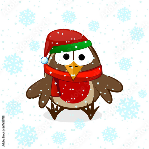 Little funy bullfinch in New Years cap and snow. Vector flat illustration
