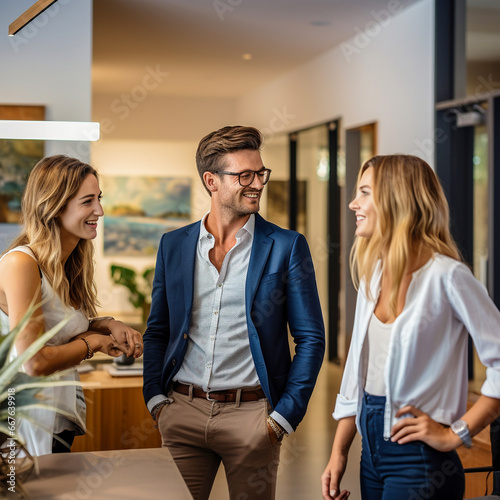 Beautiful modern home in South Australia, urban environment, modern accessories and furniture in foreground, young couple talking to real estate agent in background