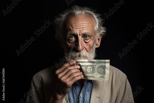 An old man stands looking at the camera with a banknote covering his mouth.