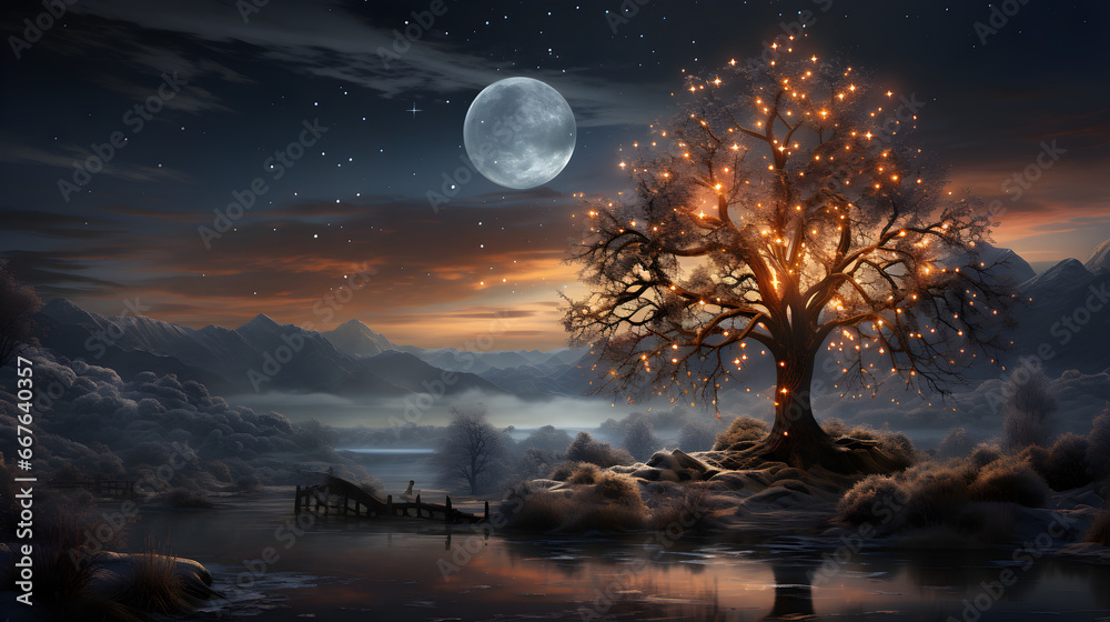 Fototapeta premium Landscape with Garland decorated tree