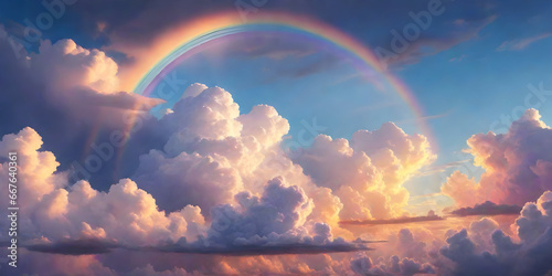 Background image about clouds, rainbow, evening sun. ai generative