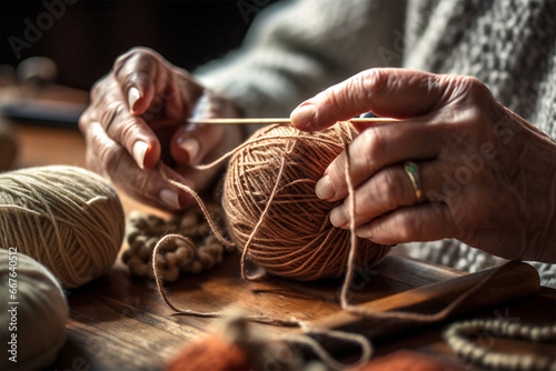Hands of an elderly woman with balls of woolen yarn. Hobby, leisure concept. historical and modern crafts