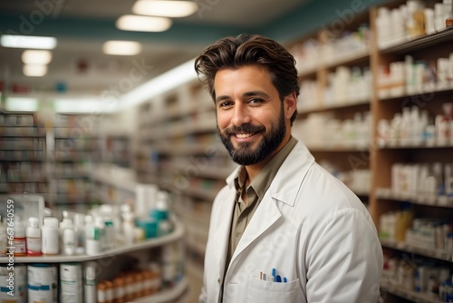 handsome short brown hair and bearded happy magister male wearing White medical coat and checking the stock of medicine on the shelves in the pharmacy. Generative Ai. © kapros76